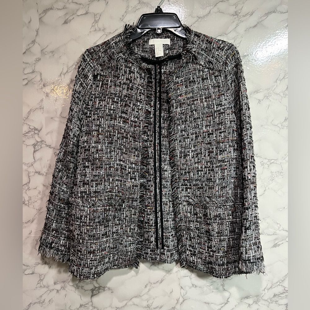 H&M Women Metallic Sparkle Fringe Trim Open Front Tweed Jacket Sz 8 Black White